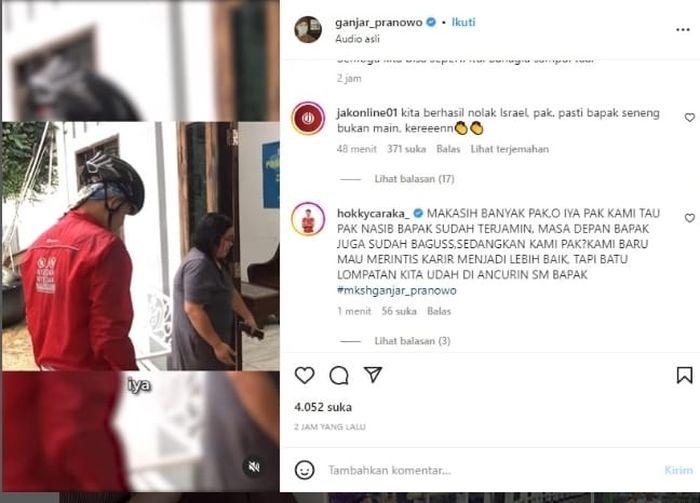 Tangkapan layar terkait komentar Hokky Caraka di kolom komentar Ganjar Pranowo.