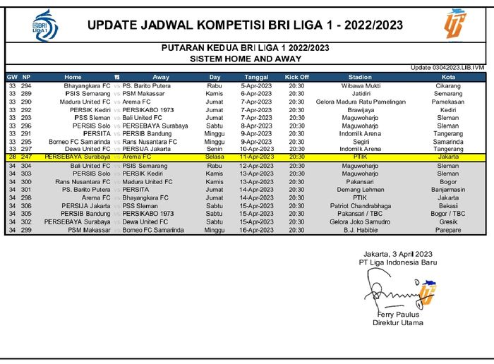 Jadwal terbaru pekan ke-33 dan ke-34 Liga 1 2022/2023