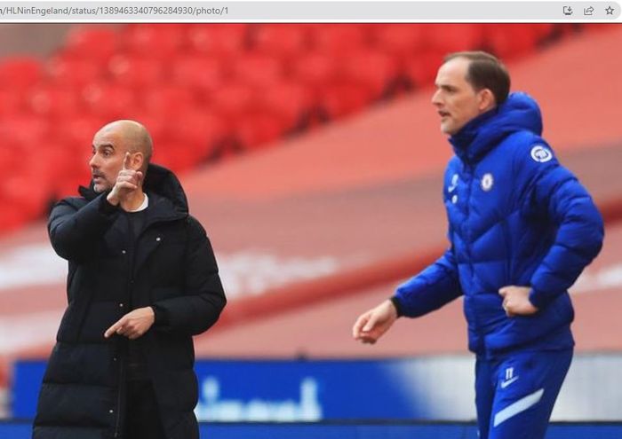 Pep Guardiola (kiri) dan Thomas Tuchel (kanan) saat sedang memimpin klubnya masing-masing dalam sebuah laga antara Manchester City dan Chelsea.