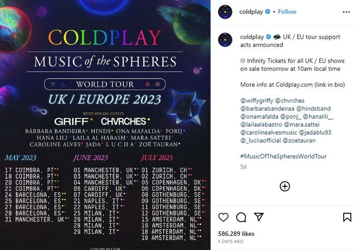Instagram Coldplay dibanjiri netizen Indonesia. 