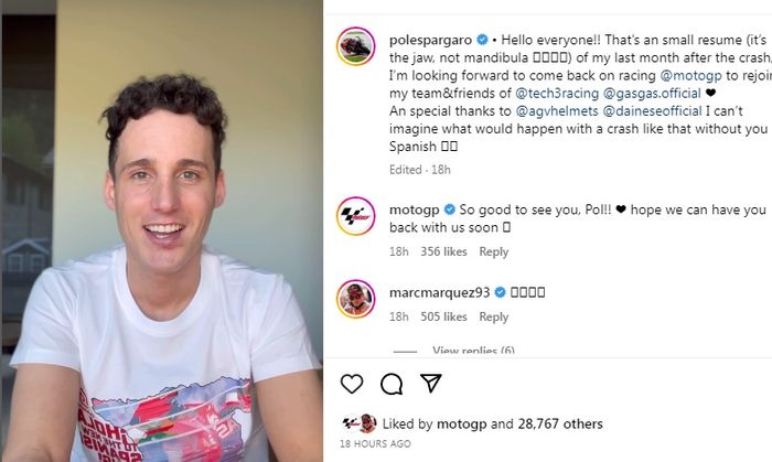 Penampaka terbaru kondisi Pol Espargaro sejak mengalami kecelakaan parah di MotoGP Portugal 2023.