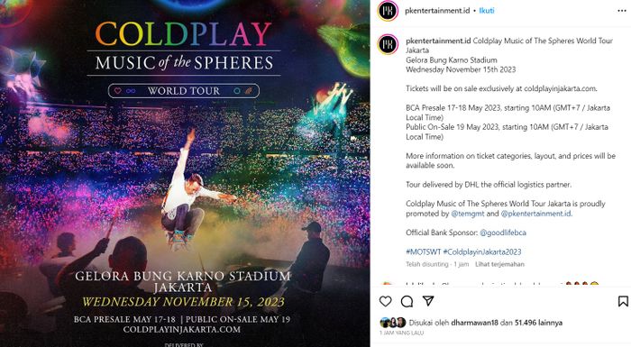 Grup musik, Coldplay sudah secara resmi mengumumkan akan menggelar konser di Indonesia.