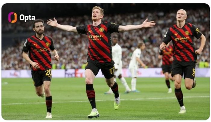 Pemain Manchester City, Kevin De Bruyne (tengah), melakukan selebrasi setelah menjebol gawang Real Madrid pada laga leg pertama babak semifinal Liga Champions 2022-2023 di Santiago Bernabue, Rabu (10/5/2023)