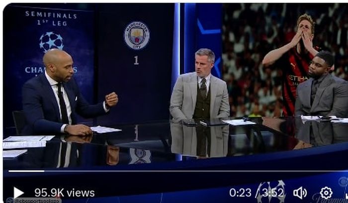 Thierry Henry (kiri), Jamie Carragher, dan Micah Richards setuju menganggap Vinicius Jr sebagai pemain terbaik laga Real Madrid vs Manchester City pada leg 1 semifinal Liga Champions (9/5/2023).