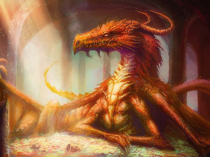 Smaug, naga mitologis yang dikarang oleh J.R.R Tolkien di dalam cerita The Hobbit. Naga di Eropa digambarkan jahat dan menembakkan api.