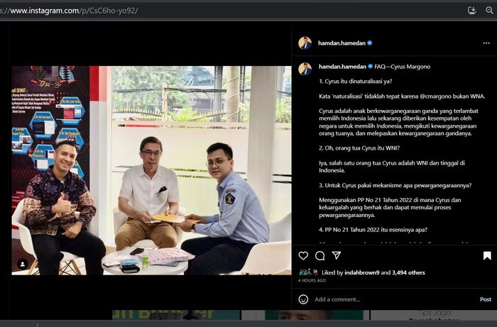 Unggahan Hamdan Hamedan terkait proses naturalisasi Cyrus Margono.