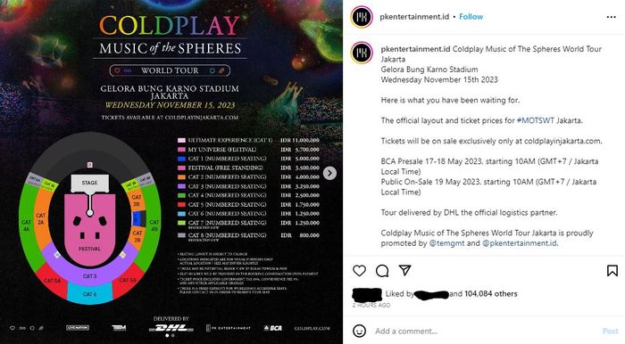 Harga tiket konser Coldplay 'Music of The Spheres' Jakarta. 