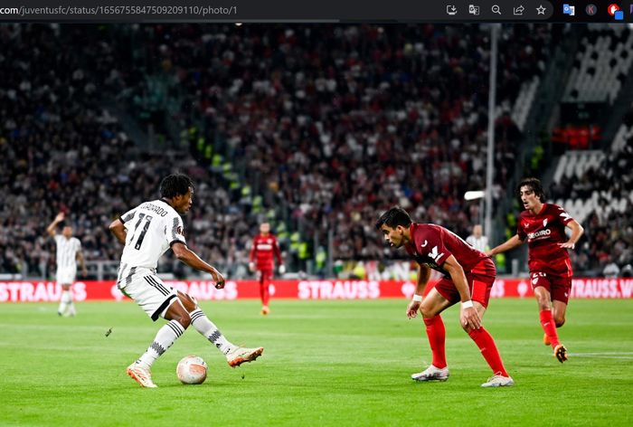 Aksi Juan Cuadrado dalam laga Juventus vs Sevilla di Allianz Stadium, Kamis (11/5/2023).