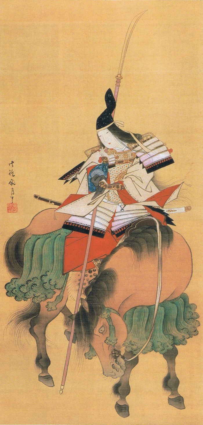 Lukisan Tomoe Gozen karya Shitomi Kangetsu (1747-1797). Tomoe adalah seorang samurai perempuan nan sohor di Jepang. Dia dikenal sebagai sosok penunggang kuda yang tak kenal takut dan cekatan menggunakan pedang dan busur untuk membinasakan seribu musuh.
