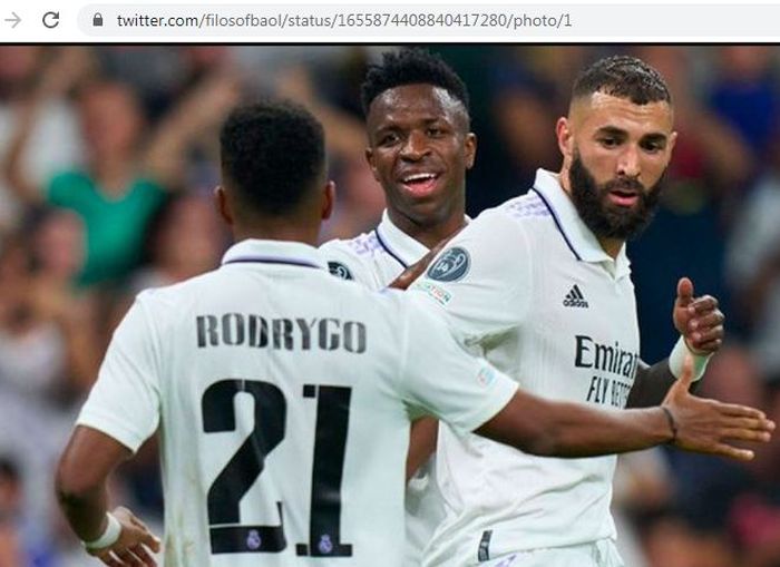 Tiga penyerang Real Madrid, Karim Benzema, Vinicius Junior, dan Rodrygo.