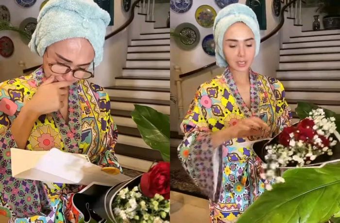 Yuni Shara menangis membaca surat dari anaknya.