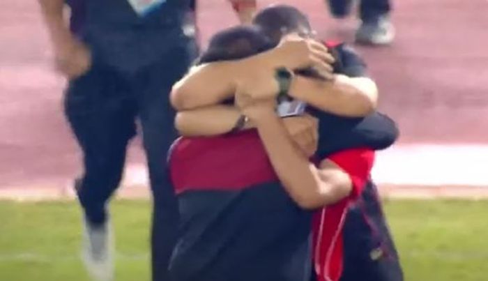 Momen Indra Sjafri selebrasi saat timnas U-22 Indonesia melawan Thailand di final SEA Games 2023.