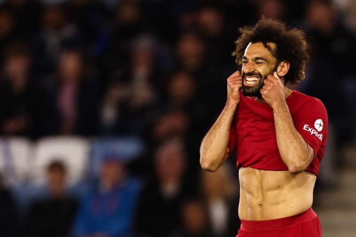 Aksi Mohamed Salah dalam laga kontra Leicester City pada lanjutan Liga Inggris 2022-2023.