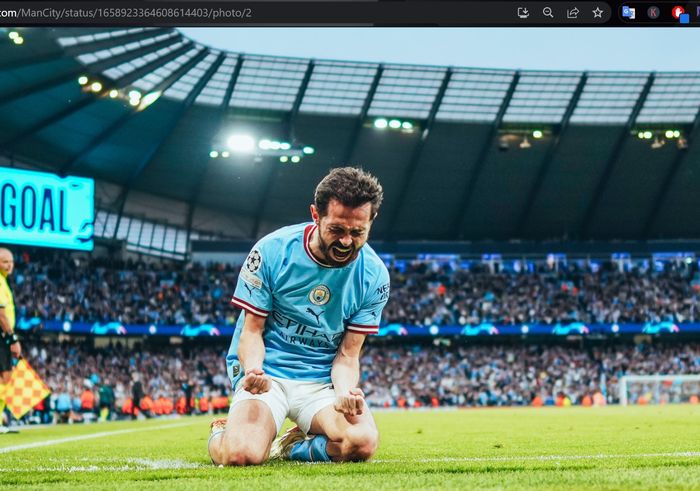 Bernardo Silva merayakan gol untuk Manchester City ke gawang Real Madrid dalam laga leg 2 babak semifinal Liga Champions 2022-2023 di Etihad Stadium, Rabu (17/5/2023).