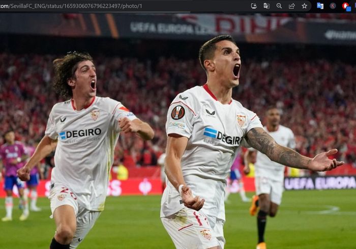 Erik Lamela merayakan gol ke gawang Juventus untuk Sevilla dalam laga led 2 babak semifinal Liga Europa 2022-2023 di Stadion Ramon Sanchez Pizjuan, Kamis (18/5/2023).