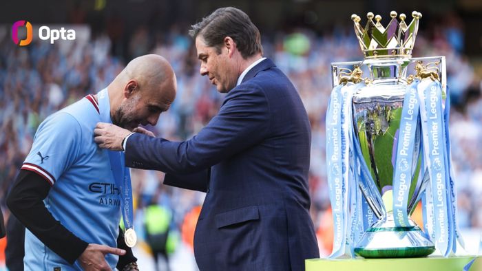 Pep Guardiola saat menerima medali juara Liga Inggris 2022-2023 bersama Manchester City.