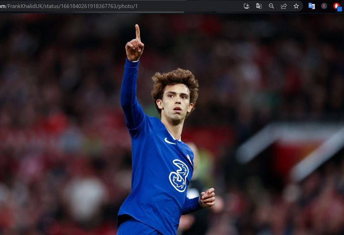 Joao Felix merayakan gol untuk Chelsea ke gawang Manchester United dalam laga tunda Liga Inggris 2022-2023 di Stadion Old Trafford, Kamis (25/5/2023).
