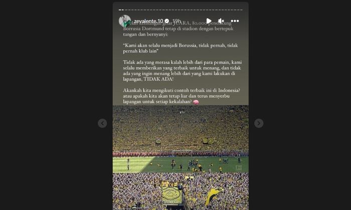 Unggahan Ze Valente mengenai aksi suporter Borussia Dortmund dan membandingkannya dengan situasi Indonesia, Senin (30/5/2023).