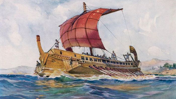 Mitologi kapal Theseus menimbulkan beberapa pertanyaan filosofis. Di sini, kita melihat ilustrasi tahun 1920-an tentang Bireme Yunani kuno yang memiliki dua dek dayung.