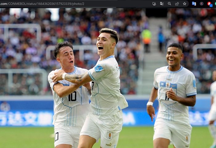 Penyerang timnas Uruguay U-20, Anderson Duarte, merayakan gol ke gawang timnas Gambia U-20 dalam babak 16 besar Piala Dunia U-20 2023, Kamis (1/6/2023).