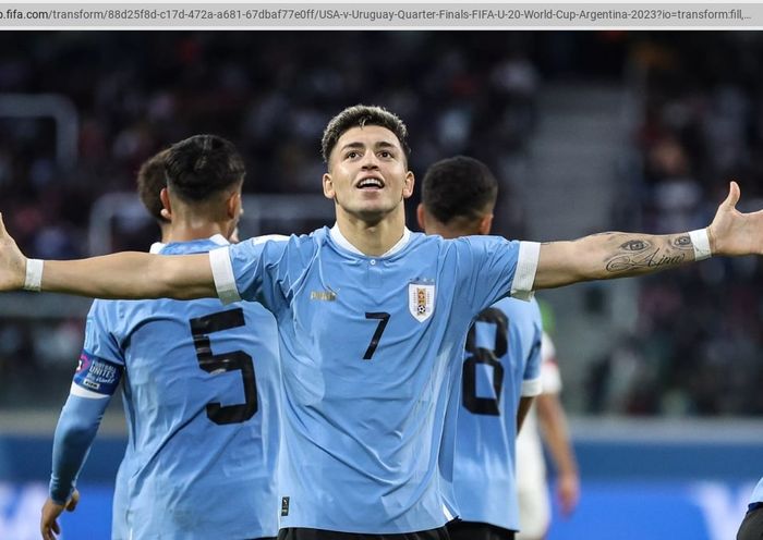 Anderson Duarte merayakan gol kemenangan Uruguay atas Amerika Serikat yang menggagalkan skenario duel Israel vs AS di semifinal Piala Dunia U-20 2023.