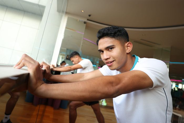 Marselino Ferdinan dalam sesi latihan gym Timnas Indonesia di Surabaya,Selasa (6/6/2023)