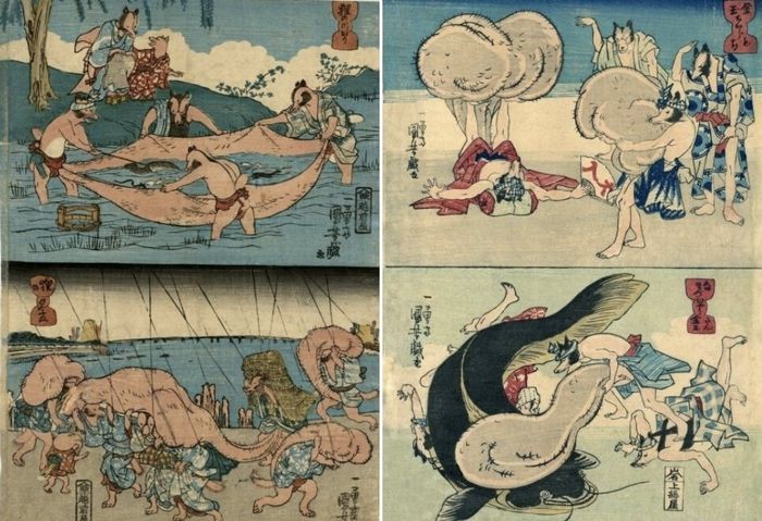 Representasi Tanuki oleh Utagawa Kuniyoshi. Terlihat tanuki memiliki skrotum besar yang bisa digunakan sebagai payung.