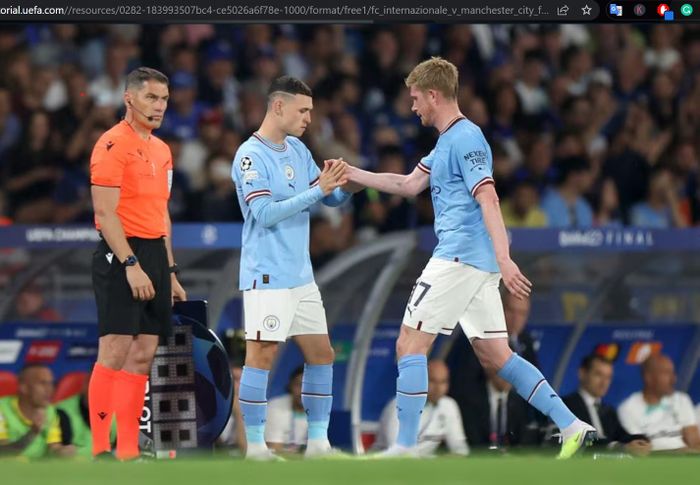 Kevin De Bruyne digantikan oleh Phil Foden karena mengalami cedera dalam laga final Liga Champions 2022-2023 antara Manchester City dan Inter Milan di Stadion Olimpiade Ataturk, Sabtu (10/6/2023).