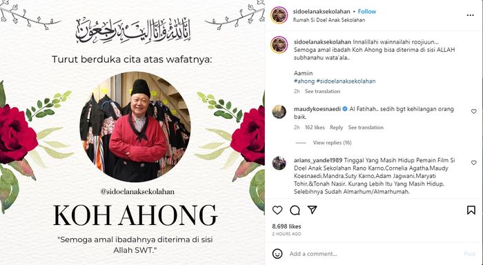 Koh Ahong pemeran di Si Doel Anak Sekolahan meninggal dunia.