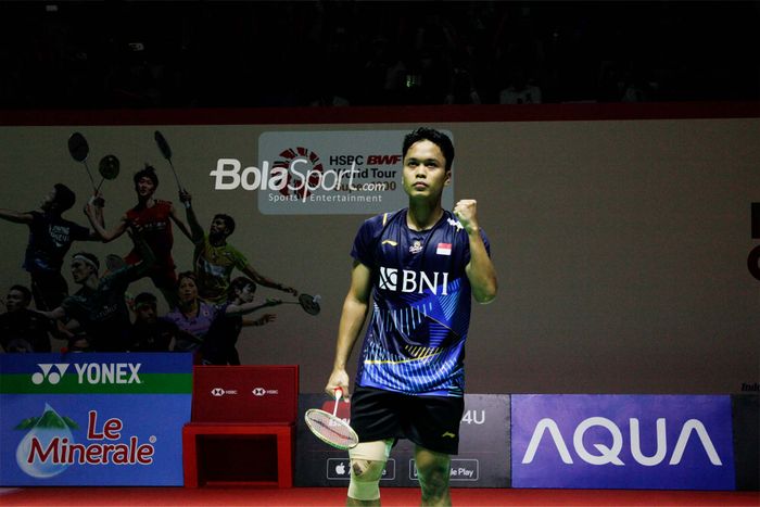 Tunggal Putra Indonesia, Anthony Sinisuka Ginting saat berhasil mengalahkan Jonatan Christie di Indonesia Open 2023, Jakarta, Jumat 16 Juni 2023