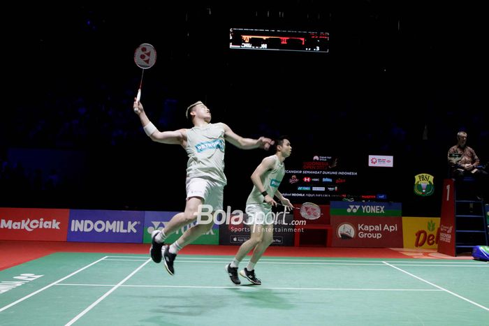 Pasangan ganda putra Malaysia, Aaron Chia/Soh Wooi Yik, saat tampil pada laga final Indonesia Open 2023 di Istora Senayan, Jakarta, Minggu, 18 Juni 2023