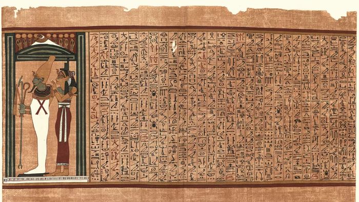 Sebuah ilustrasi kuno dari Papirus Ani menunjukkan Osiris (kiri) dengan Isis (kanan) pada sebuah gulungan dengan hieroglif kursif dari sekitar tahun 1250 SM, selama Dinasti ke-19 Kerajaan Baru.