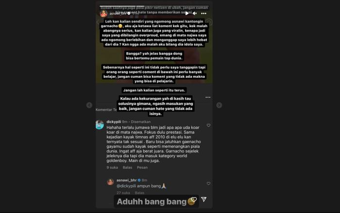 Tangkapan layar dari Instagram Asnawi Mangkualam yang dianggap terlalu overproud setelah duel dengan pemain Argentina Alejandro Garnaco.