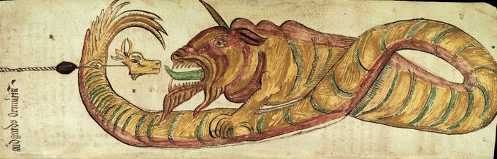 Ilustrasi Jormungand (Ular Raksasa) dari Edda oblongata, manuskrip bergambar abad ke-17 Prosa Edda abad ke-13 M, yang menjadi dasar pemahaman modern tentang mitologi Nordik.