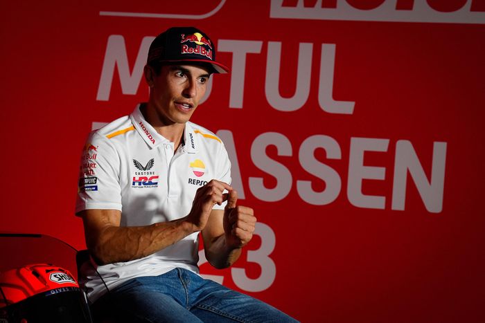 Pembalap Repsol Honda, Marc Marquez, pada konferensi pers menjelang MotoGP Belanda 2023 di Sirkuit Assen, Kamis (22/6/2023).