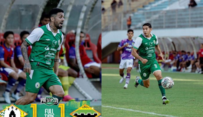 Kolase foto aksi Jonathan Bustos dan Esteban Vizcarra ketika membela PSS Sleman versus Persib Bandung pada laga uji coba jelang Liga 1 2023/2024.