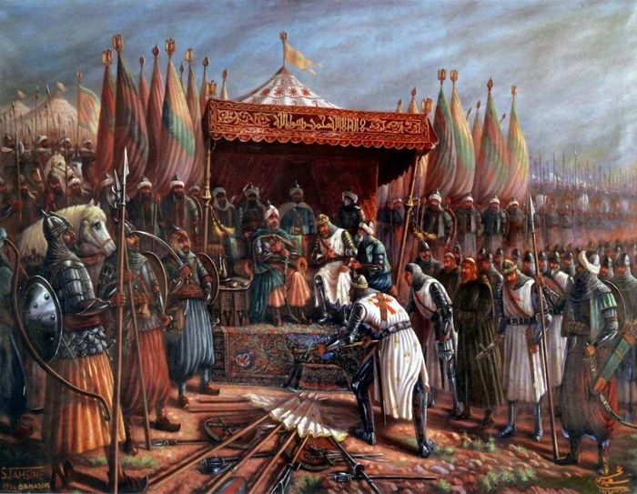 Lukisan Sejrah Perang Salib yang menggambarkan penyerahan penguasa Latin Guy de Lusignan kepada Saladin setelah pertempuran Hattin pada tahun 1187 M.