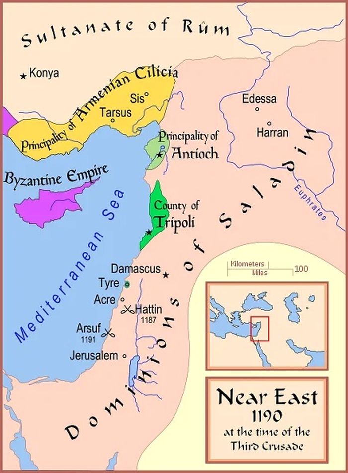 Peta Timur Tengah yang menunjukkan negara-negara Timur Latin yang dikuasai Pasukan Salib pada saat Perang Salib Ketiga (1189-1192 M).