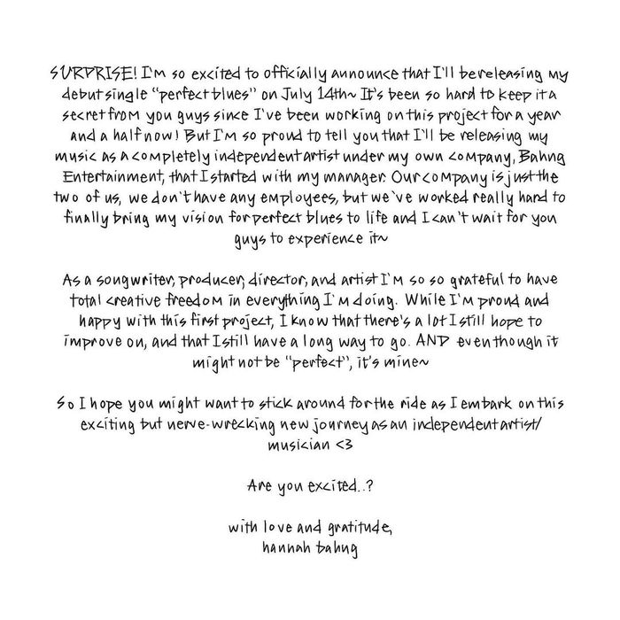 Pesan singkat Hannah Bahng mengenai debut singlenya