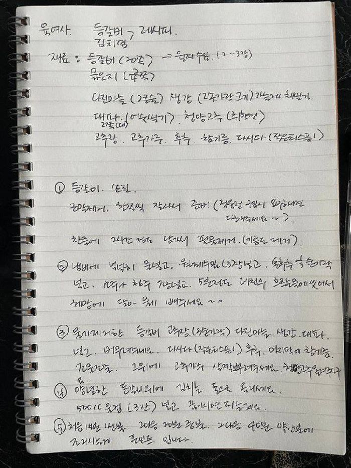 Surat tulisan tangan yang berisi resep olahan daging ala ibu Cho Seungyoun