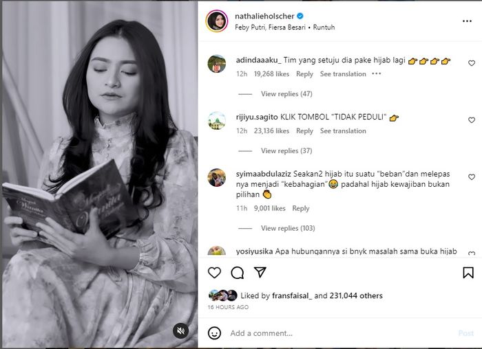 Nathalie Holscher unggah video tanpa mengenakan hijab.