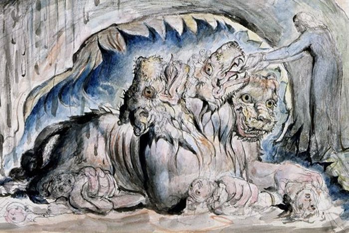 Ilustrasi Cerberus, anjing pemburu berkepala tiga milik Hades yang ditugaskan menjaga gerbang dunia bawah.