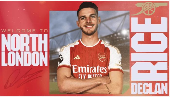 Declan Rice resmi pindah ke Arsenal dari West Ham United (15/7/2023).