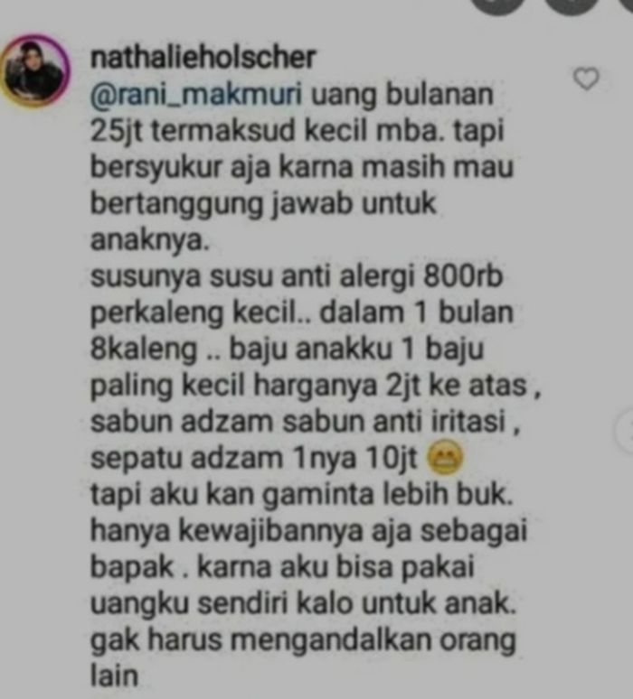 Nathalie Holscher singgung soal uang pemberian Sule