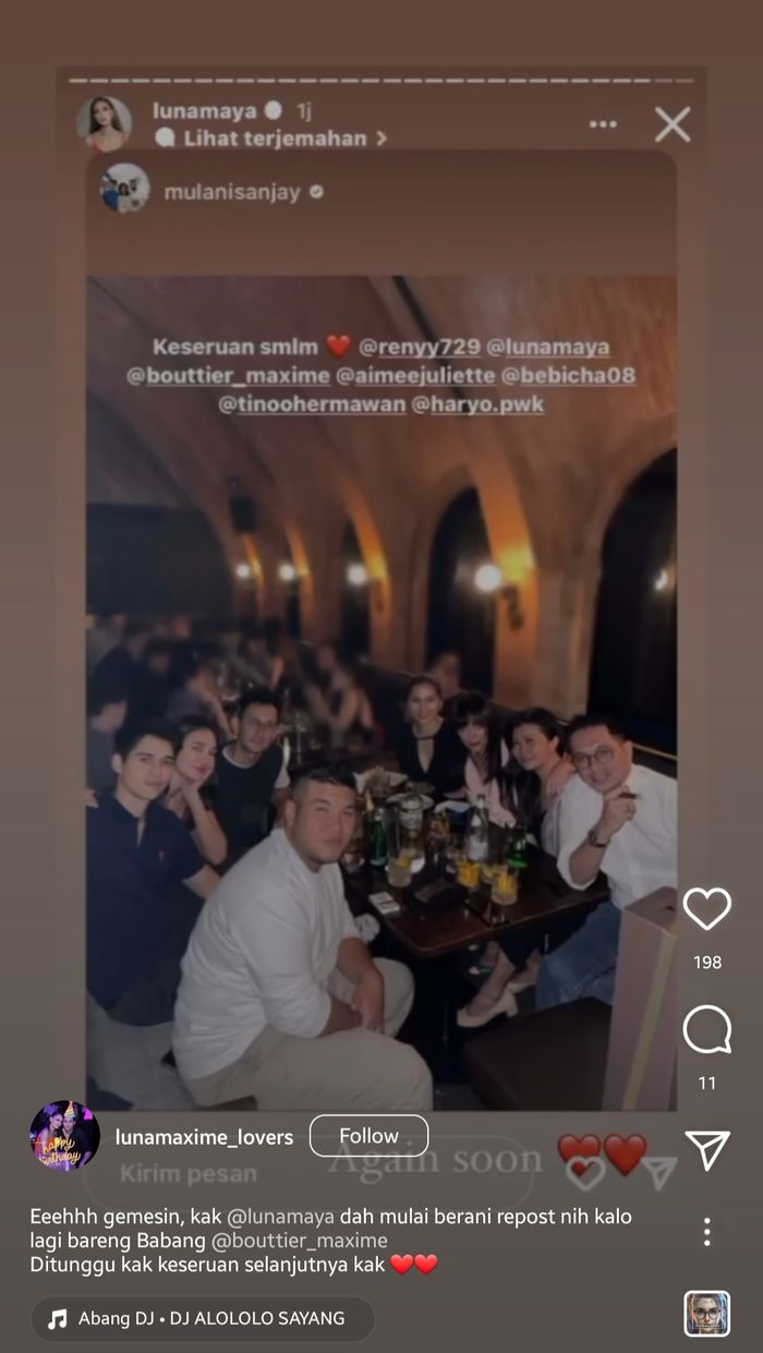 Luna Maya kedapatan merepost postingan seorang kawan yang menampilkan dirinya dan Maxime