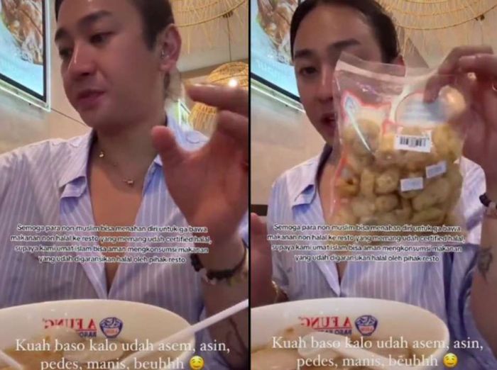 Jovi Adhiguna memamerkan kerupuk babi yang ia beli di bandara dan dimakan di resto bersertifikasi halal.