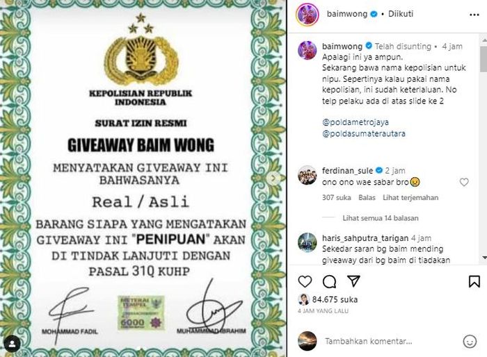 Nama Baim Wong kembali dicatut untuk penipuan