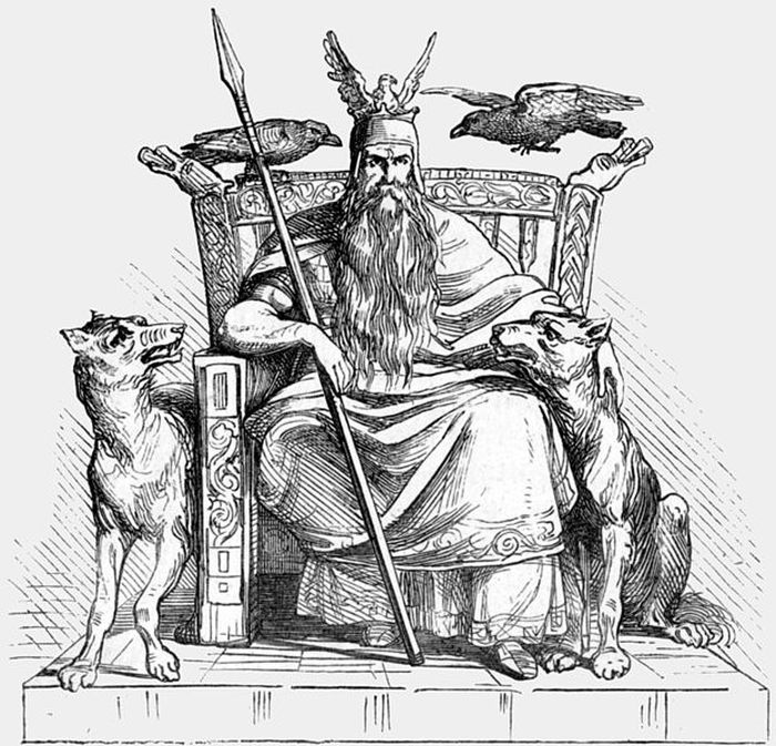 Dewa Nordik, Odin, diapit oleh dua serigala, Geri dan Freki, serta dua burung gagak,memegang tombaknya, Gungnir.