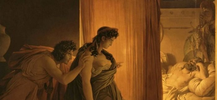 Lukisan Clytemnestra ragu sebelum membunuh Agamemnon.