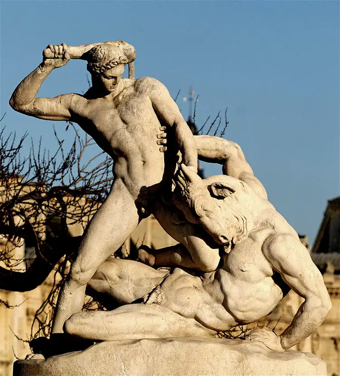 Patung Marmer Theseus Mengalahkan Minotaur, Tuileries Gardens, abad ke-19,